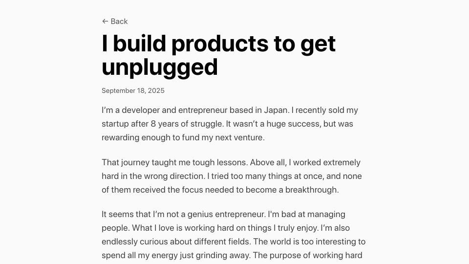Screenshot of getunplugged.io: I build products to get "unplugged" from the internet