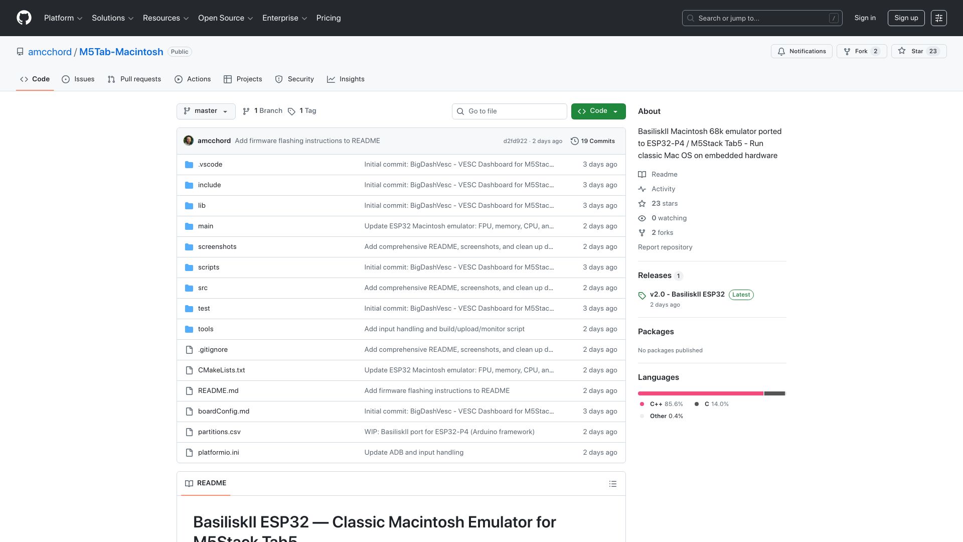Screenshot of github.com: BasiliskII Macintosh 68k Emulator Ported to ESP32-P4 / M5Stack Tab5