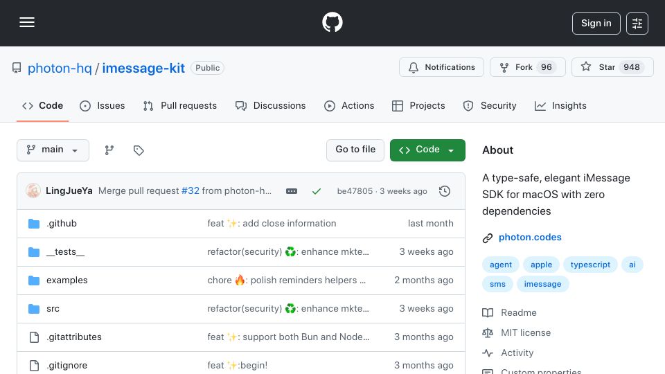 Screenshot of github.com: iMessage-kit is an iMessage SDK for macOS