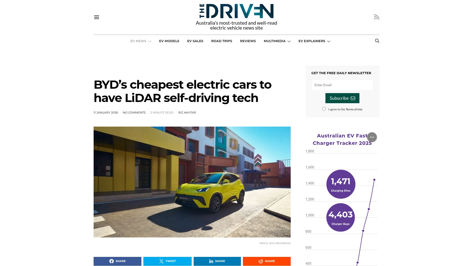 Screenshot of thedriven.io: BYD's cheapest electric cars to have Lidar self-driving tech