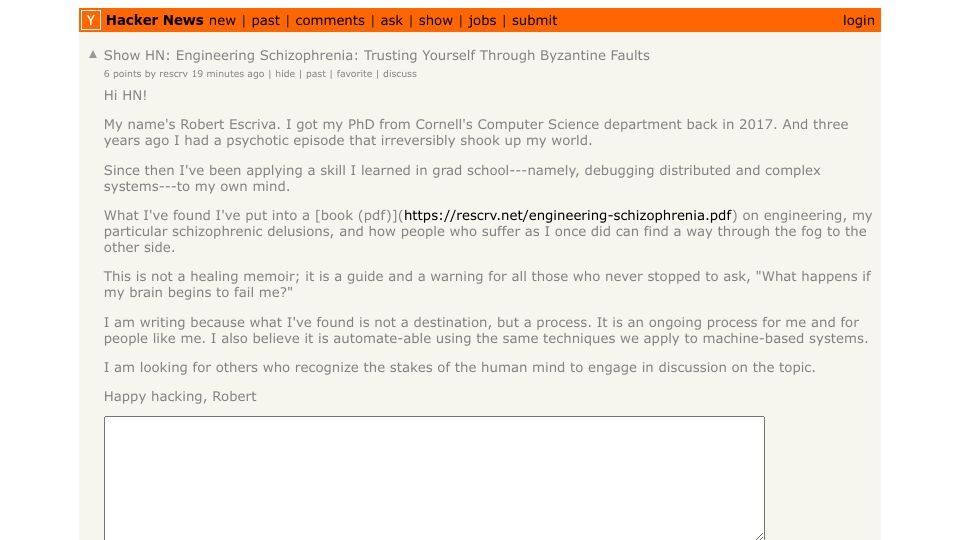 Screenshot of Hacker News post: Show HN: Engineering Schizophrenia: Trusting yourself through Byzantine faults
