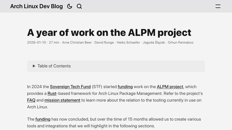 Screenshot of devblog.archlinux.page: A Year of Work on the Arch Linux Package Management (ALPM) Project