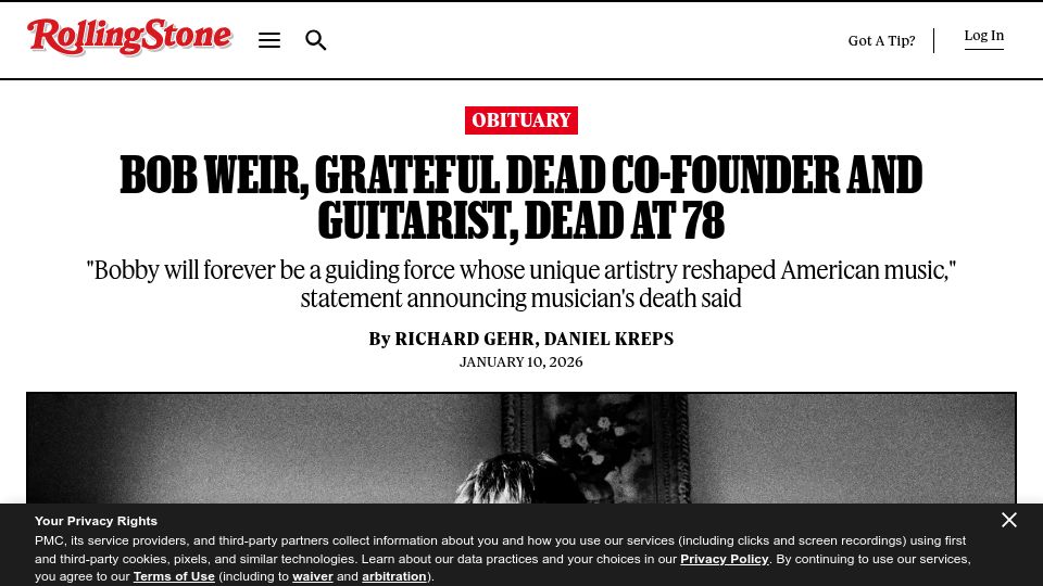 Screenshot of rollingstone.com: Bob Weir has died