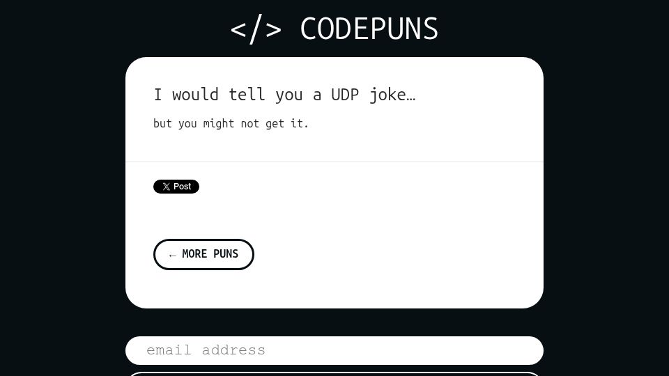 Screenshot of codepuns.com: I'd tell you a UDP joke…