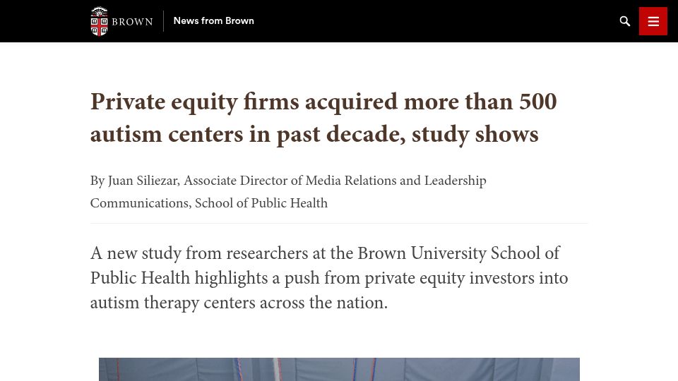 Screenshot of brown.edu: Private equity firms acquired more than 500 autism centers in past decade: study