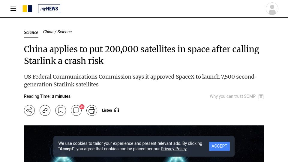 Screenshot of scmp.com: China applies to put 200K satellites in space after calling Starlink crash risk