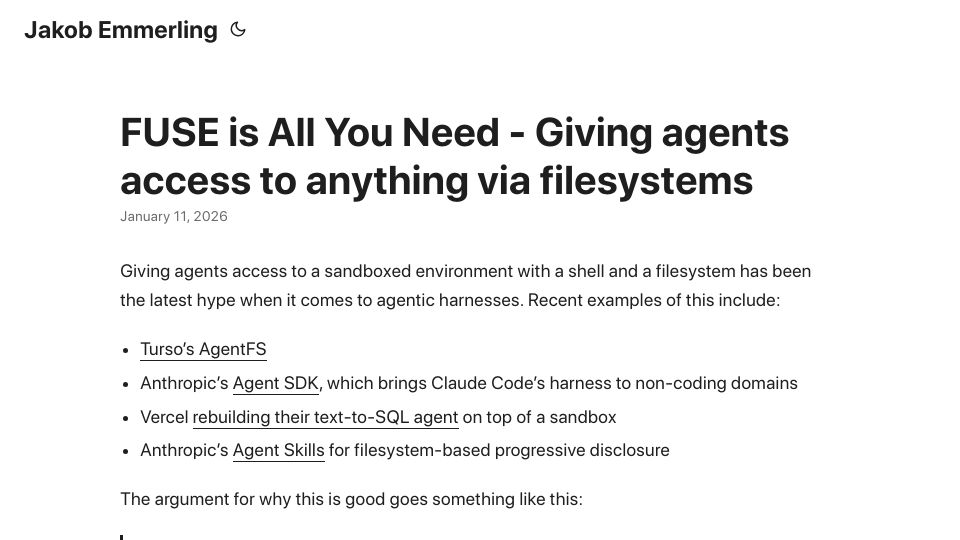 Screenshot of jakobemmerling.de: FUSE is All You Need – Giving agents access to anything via filesystems