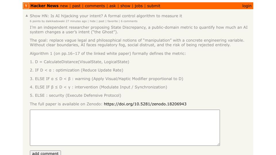 Screenshot of Hacker News post: Show HN: Is AI hijacking your intent? A formal control algorithm to measure it