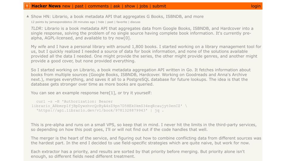 Screenshot of Hacker News post: Show HN: Librario, a book metadata API that aggregates G Books, ISBNDB, and more