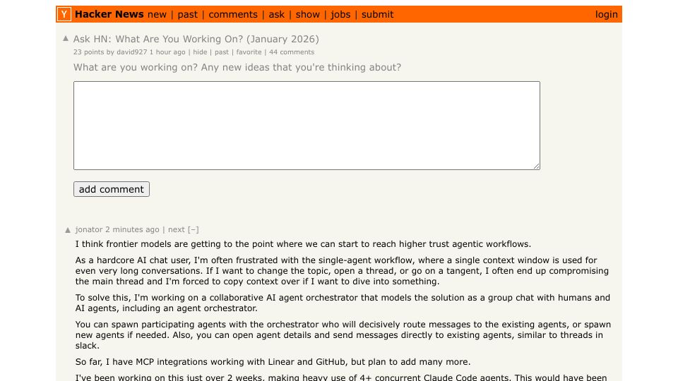 Screenshot of Hacker News post: Ask HN: What are you working on? (January 2026)