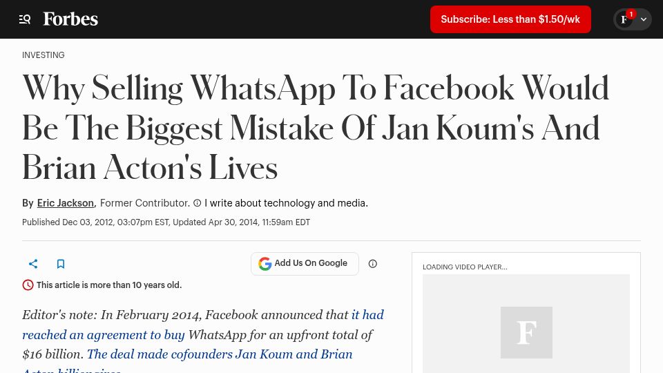 Screenshot of forbes.com: Why Selling WhatsApp to Facebook Would Be the Biggest Mistake (2012)