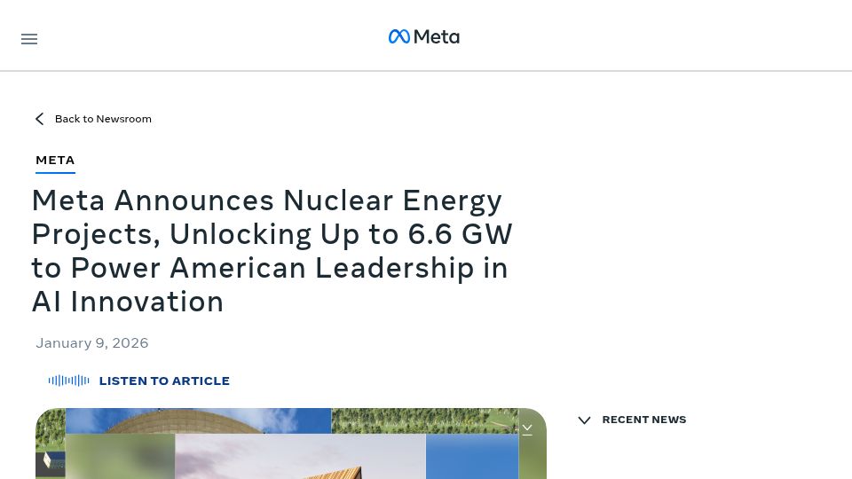 Screenshot of about.fb.com: Meta announces nuclear energy projects