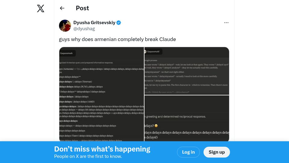 Screenshot of twitter.com: guys why does armenian completely break Claude