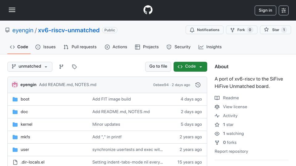Screenshot of github.com: Show HN: Porting xv6 to HiFive Unmatched board