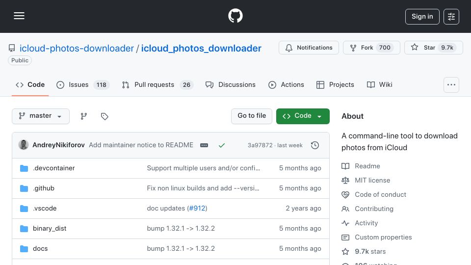 Screenshot of github.com: iCloud Photos Downloader