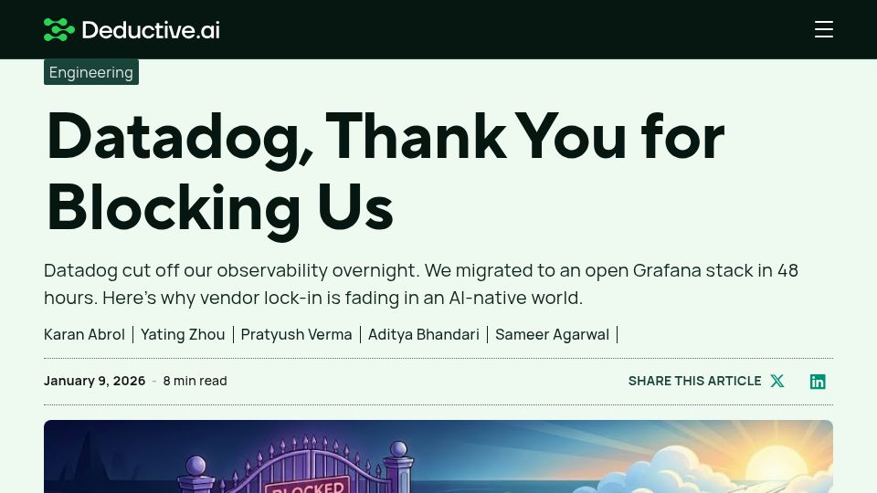 Screenshot of deductive.ai: Datadog, thank you for blocking us