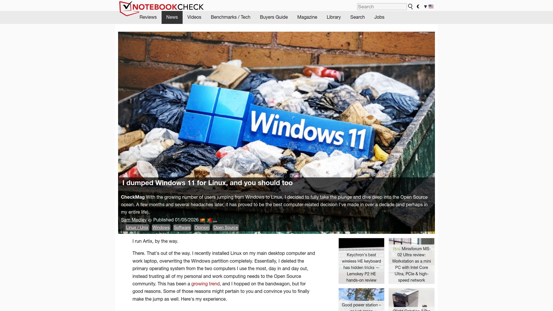 Screenshot of notebookcheck.net: I dumped Windows 11 for Linux, and you should too
