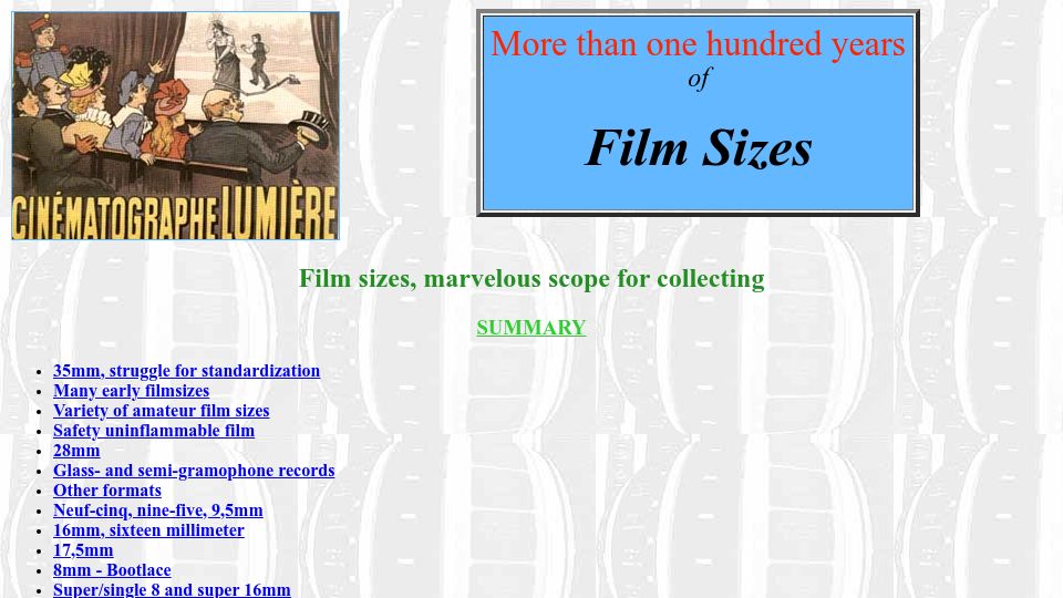 Screenshot of wichm.home.xs4all.nl: More than one hundred years of Film Sizes