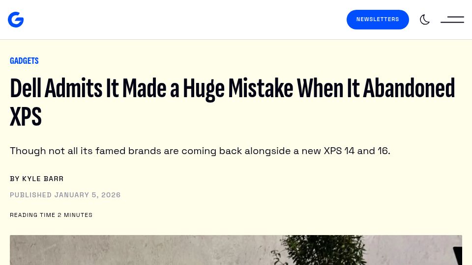 Screenshot of gizmodo.com: Dell admits it made a mistake when it abandoned XPS