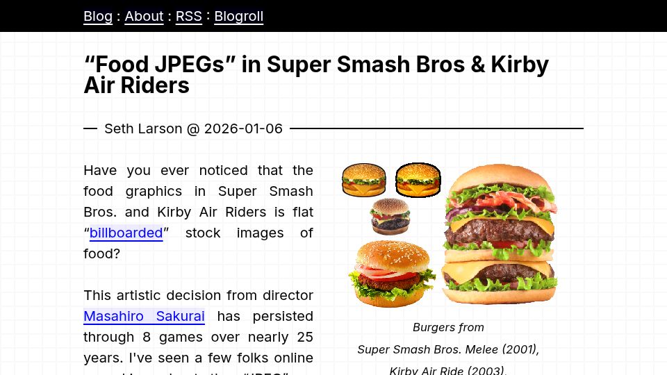 Screenshot of sethmlarson.dev: “Food JPEGs” in Super Smash Bros. and Kirby Air Riders