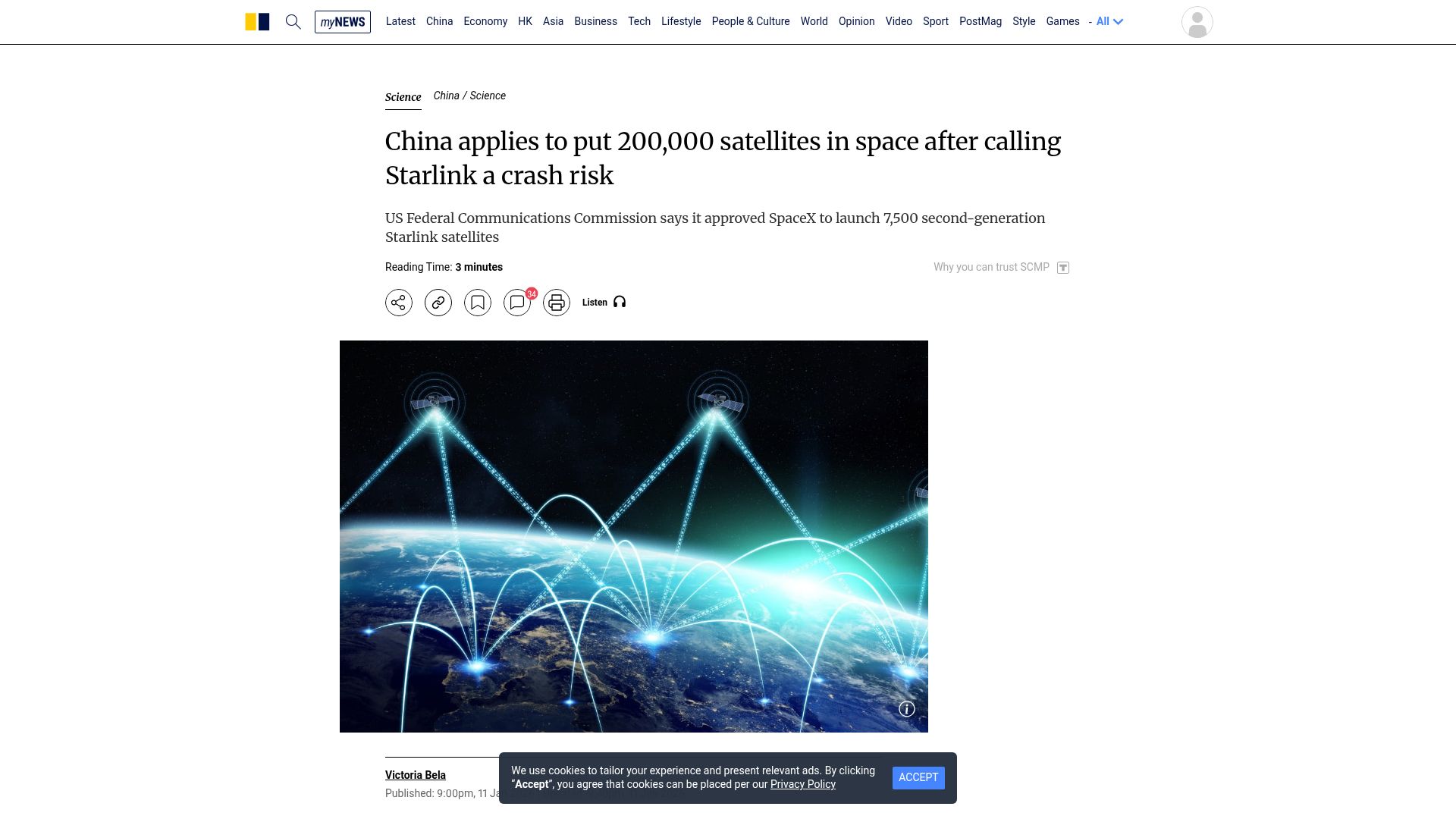 Screenshot of scmp.com: China applies to put 200K satellites in space after calling Starlink crash risk