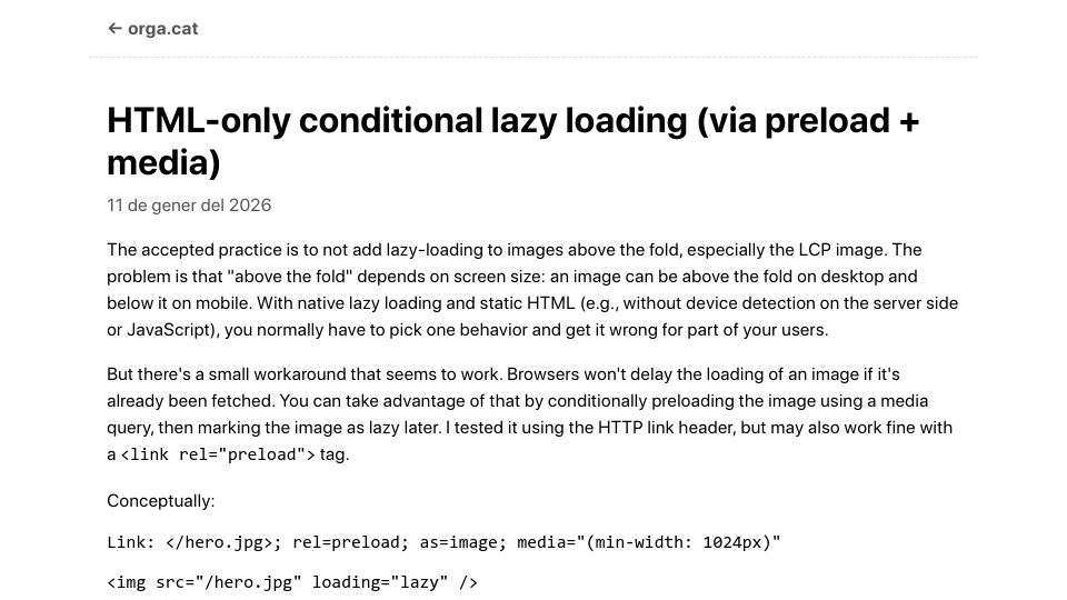 Screenshot of orga.cat: HTML-only conditional lazy loading (via preload and media)