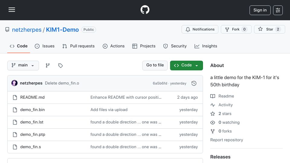 Screenshot of github.com: Happy 50th Birthday KIM-1