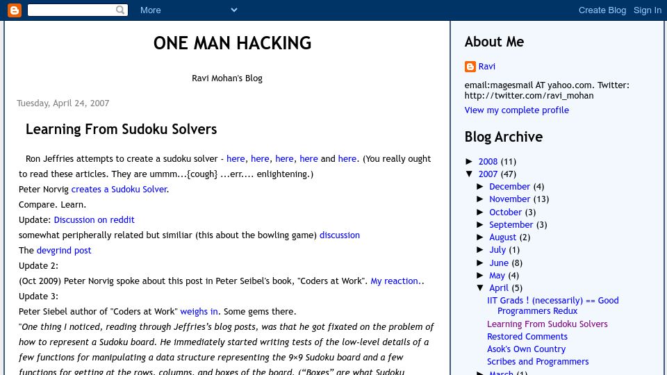 Screenshot of ravimohan.blogspot.com: Learning from Sudoku Solvers (2007)