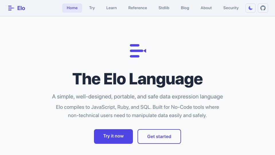 Screenshot of elo-lang.org: Elo – A data expression language which compiles to JavaScript, Ruby, and SQL