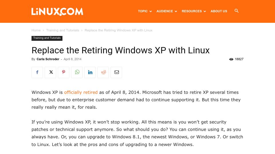Screenshot of linux.com: Replace the Retiring Windows XP with Linux (2014)