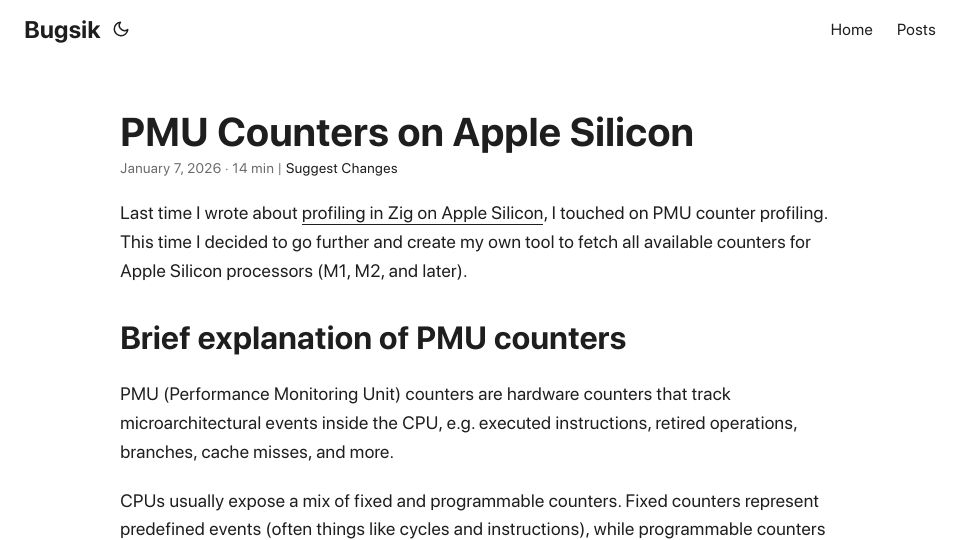Screenshot of blog.bugsiki.dev: CPU Counters on Apple Silicon: article + tool