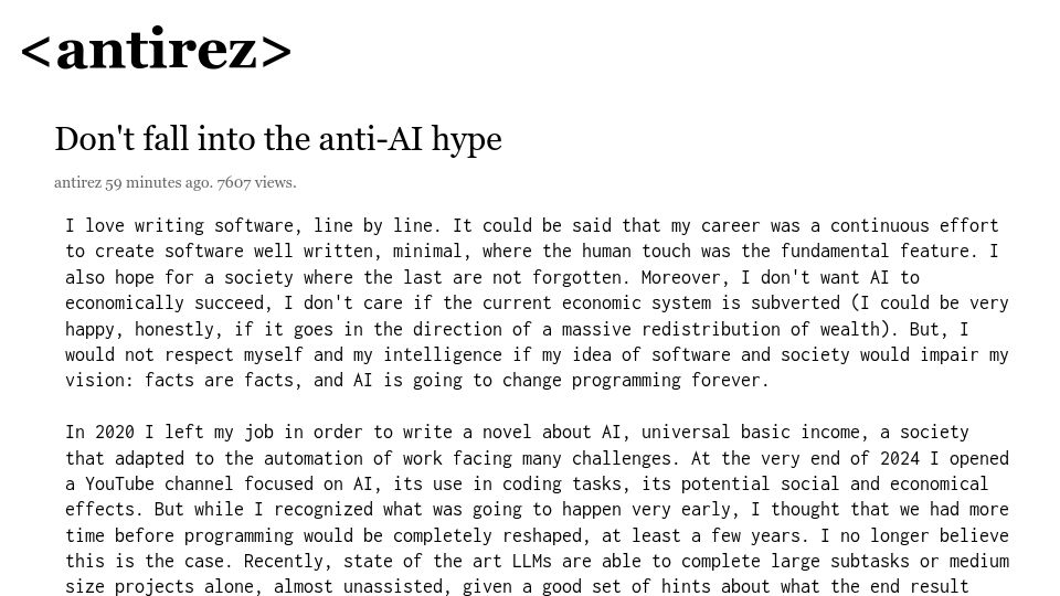 Screenshot of antirez.com: Don't fall into the anti-AI hype