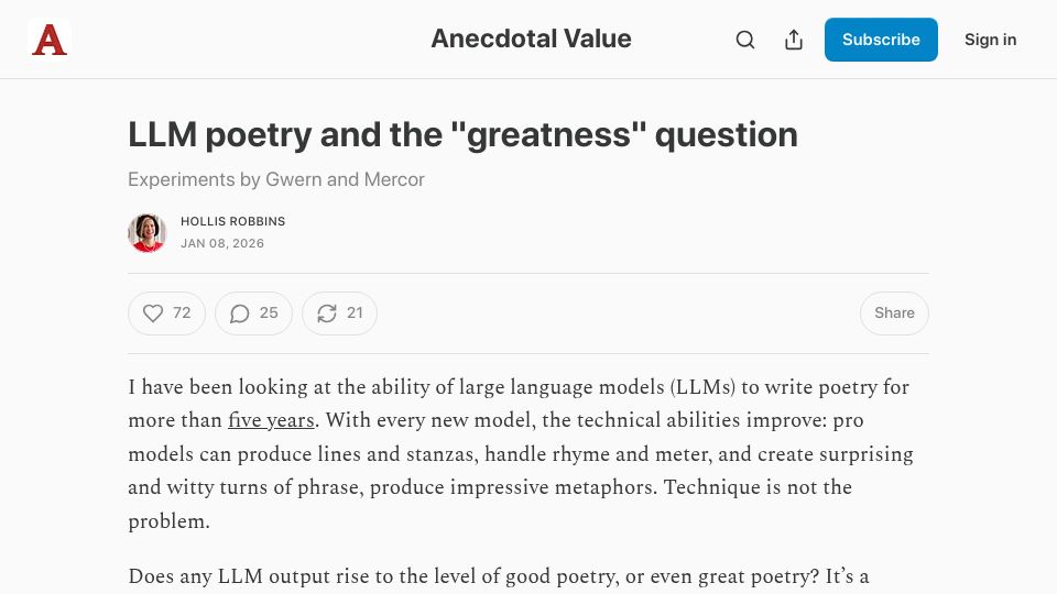 Screenshot of hollisrobbinsanecdotal.substack.com: LLM poetry and the "greatness" question: Experiments by Gwern and Mercor