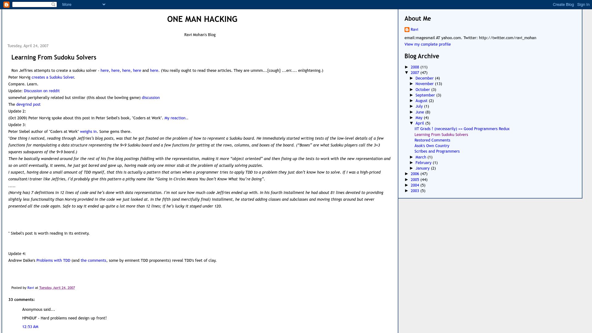 Screenshot of ravimohan.blogspot.com: Learning from Sudoku Solvers (2007)