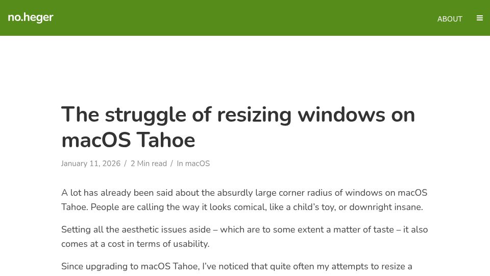 Screenshot of noheger.at: The struggle of resizing windows on macOS Tahoe