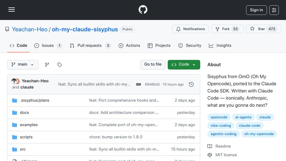 Screenshot of github.com: Sisyphus Now Lives in Oh My Claude