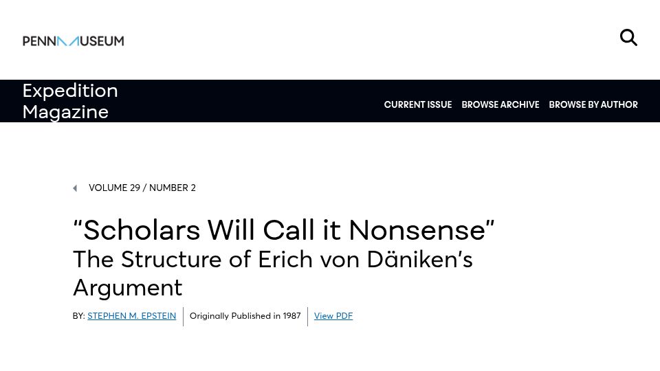 Screenshot of penn.museum: "Scholars Will Call It Nonsense": The Structure of von Däniken's Argument (1987)