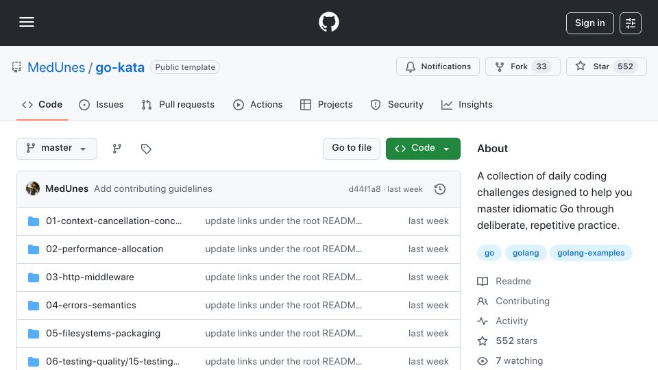 Screenshot of github.com: A set of Idiomatic prod-grade katas for experienced devs transitioning to Go