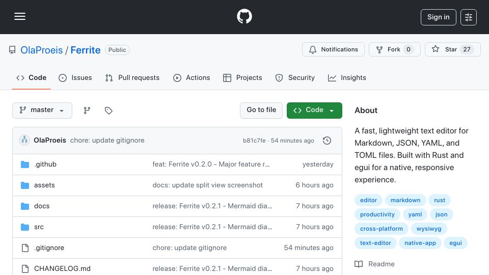 Screenshot of github.com: Show HN: Ferrite – Markdown editor in Rust with native Mermaid diagram rendering