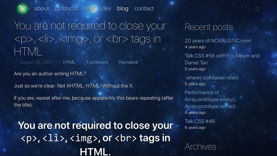 Screenshot of blog.novalistic.com: You are not required to close your <p>, <li>, <img>, or <br> tags in HTML