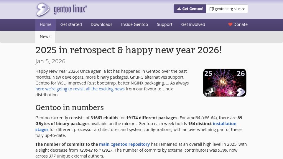 Screenshot of gentoo.org: Gentoo Linux 2025 Review