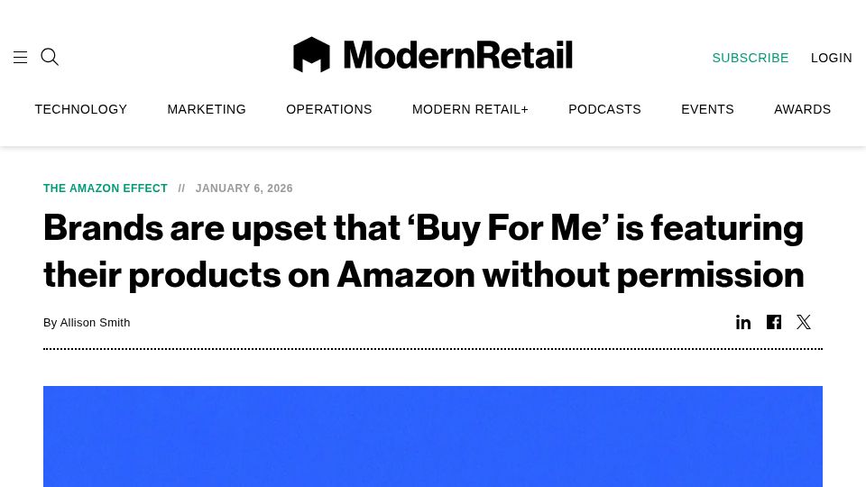 Screenshot of modernretail.co: Brands upset Buy For Me is featuring their products on Amazon without permission