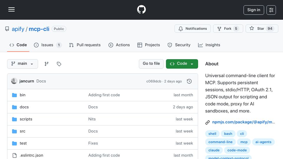 Screenshot of github.com: Show HN: mcpc – Universal command-line client for Model Context Protocol (MCP)