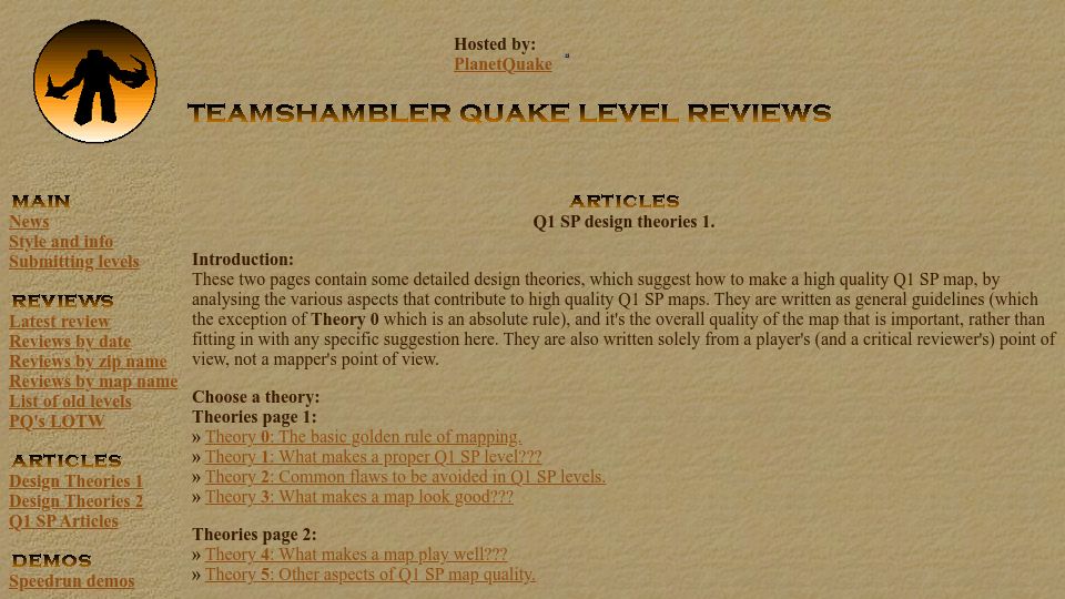 Screenshot of quaddicted.com: Quake 1 Single-Player Map Design Theories (2001)