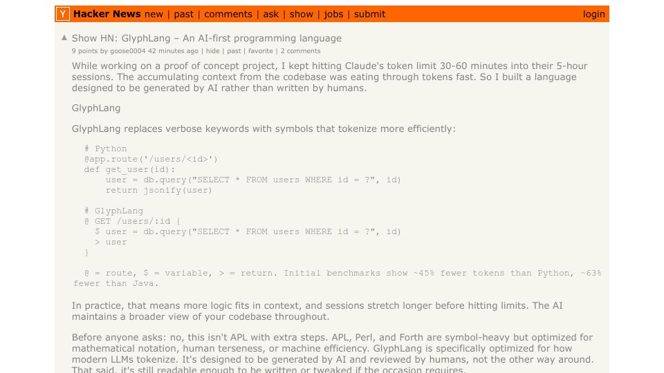Screenshot of Hacker News post: Show HN: GlyphLang – An AI-first programming language