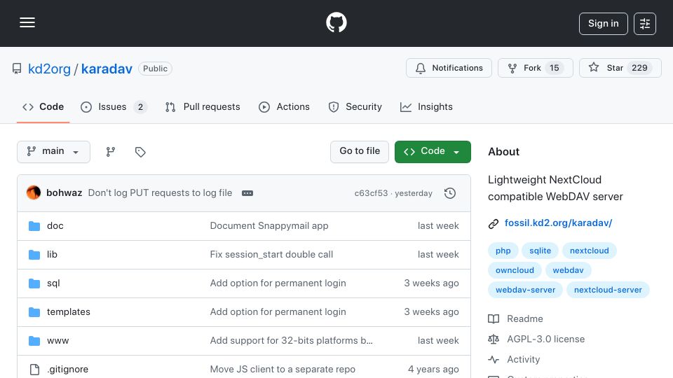 Screenshot of github.com: KaraDAV – Lightweight Nextcloud compatible WebDAV server