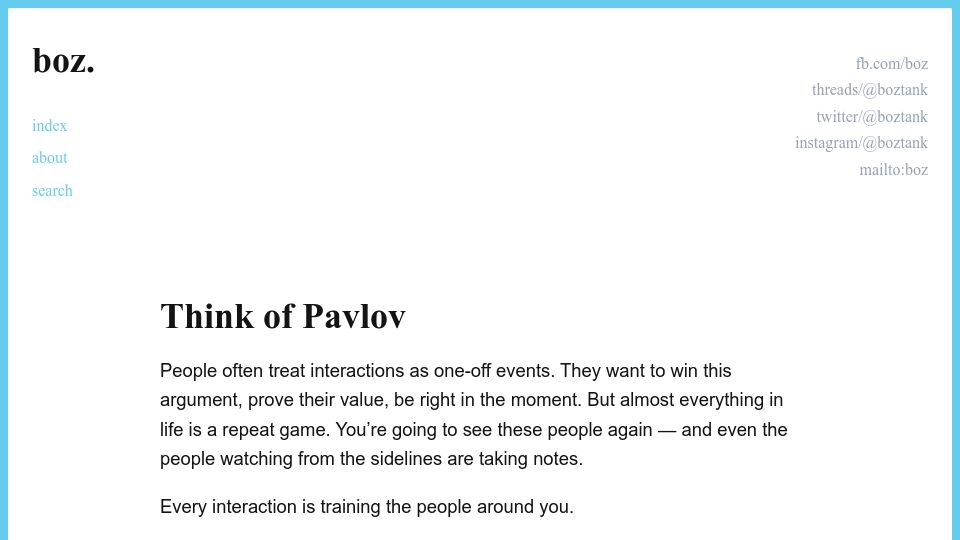 Screenshot of boz.com: Think of Pavlov