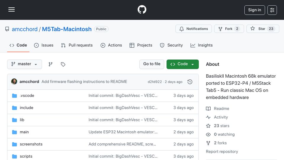 Screenshot of github.com: BasiliskII Macintosh 68k Emulator Ported to ESP32-P4 / M5Stack Tab5