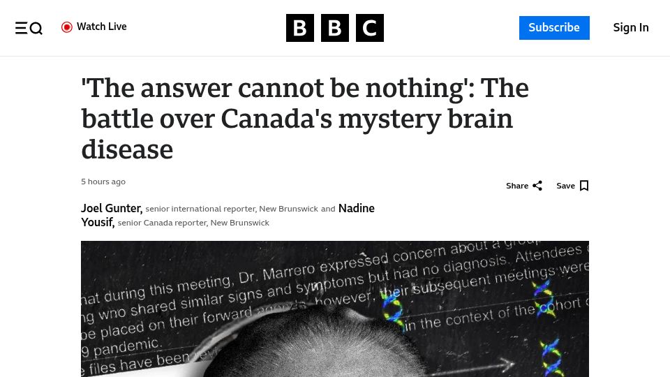 Screenshot of bbc.com: A battle over Canada’s mystery brain disease