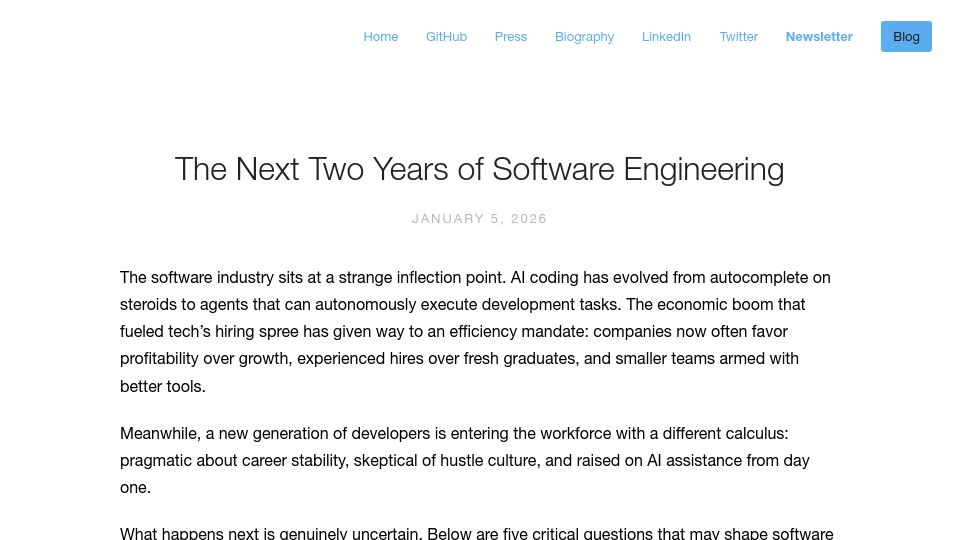 Screenshot of addyosmani.com: The next two years of software engineering